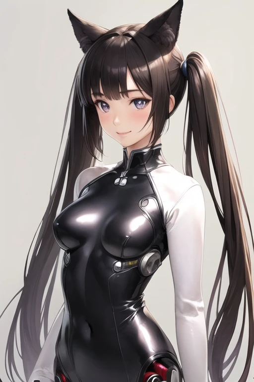 A highly detailed anime art style, a beautiful woman, ((solo standing)), ((perfect human body)), ((perfect face)), bottomless, animal ears, small pupils, (realistic face), bangs, blush, bodysuit, ((robotic parts)), breasts, impossible clothes, large breasts, long hair, long sleeves, ((head turned to the right)), (looking to the right) , simple background, skin tight, smile, solo, twintails, upper body, very long hair, fantasy background, white gloves, (masterpiece:1.4), (shiny skin), realistic