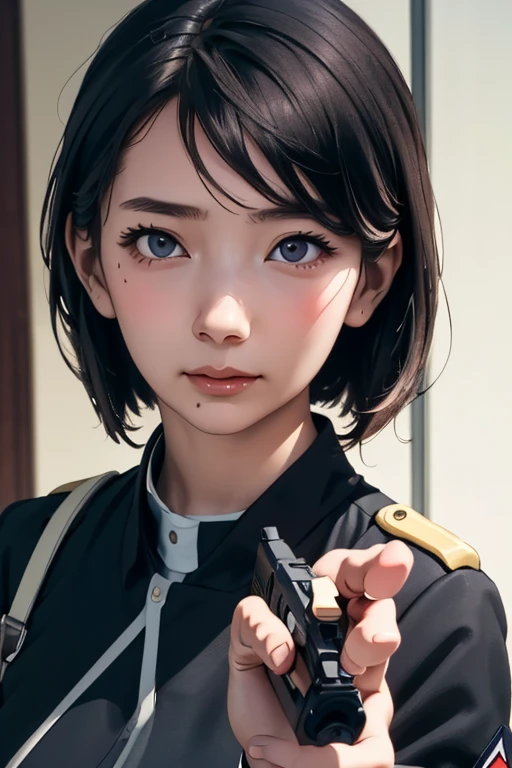 survival game、Black combat uniform、survival gameのフィールド、A beautiful girl is holding a pistol、head to waste、