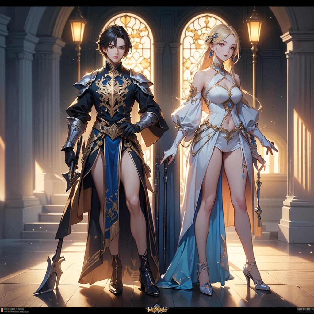 Design a layout showcase Gaming character, (1girl). Golden+Purle clothes, stylish and unique, ((showcase weapon:1.4)), magic staff, (masterpiece:1.2), (best quality), 4k, ultra-detailed, (Step by step design, layout art:1.5), (luminous lighting, atmospheric lighting), magican, ((glove full hands)), (((revealing clothes:1.3))), vambraces, armored legwear, (((full_body_shot:1.4)))
