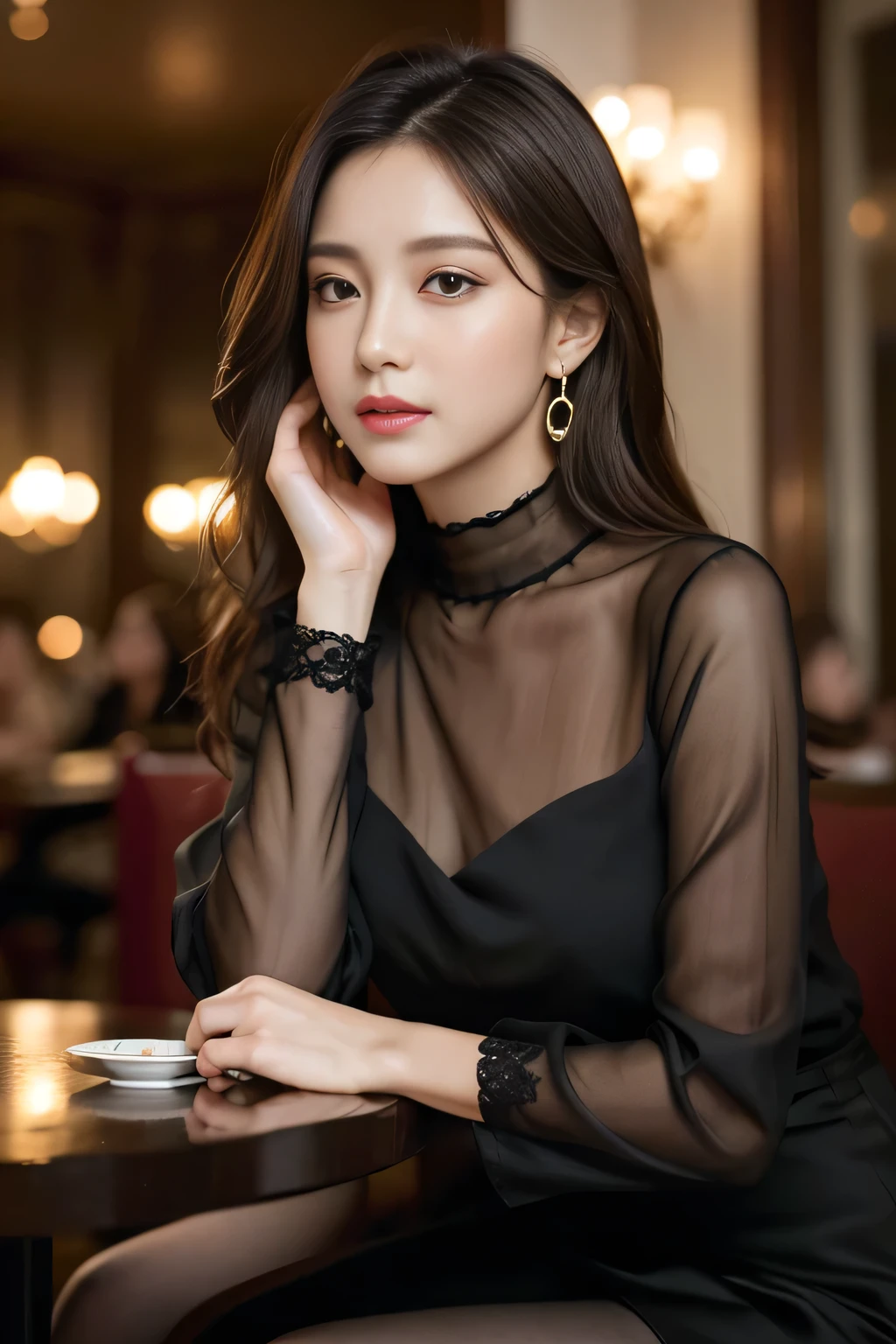 masterpiece, highest quality, Realistic, Very detailed, Finer details, High resolution, 8k wallpaper, One beautiful woman, Wear an elegant black see-through blouse, In a great restaurant, At night, Light brown messy hair, Perfect dynamic composition, Beautiful and beautiful eyes、Big earrings