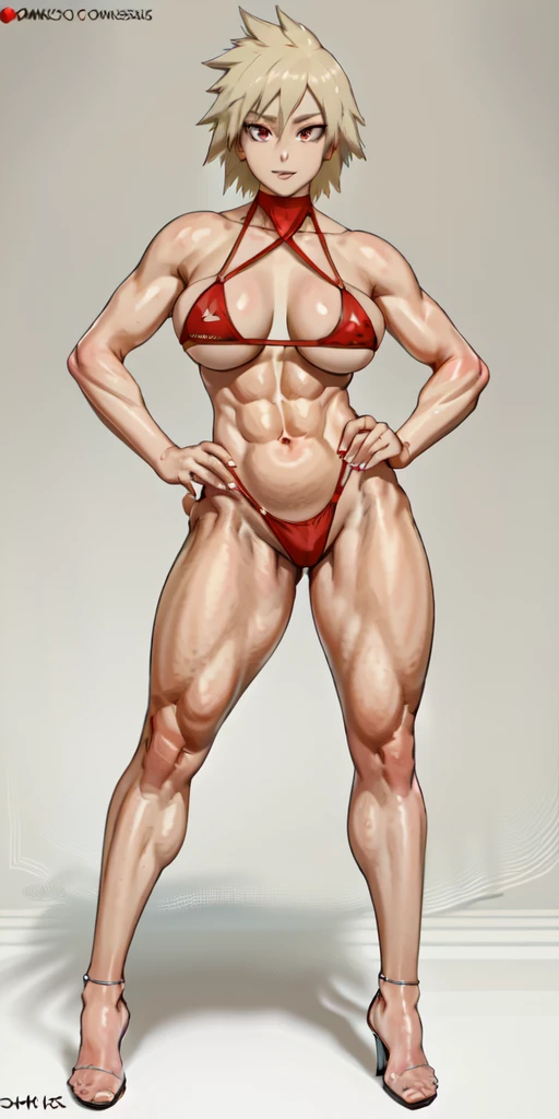(full body shot, masterpiece, best_quality, plain background, ultra-detailed, immaculate:1.2)
m1tsuk1, solo, red eyes, short blonde hair, female focus, happy close mouth reed cheeks, looking at viewer, bikini, heels, standing, hand on hip,