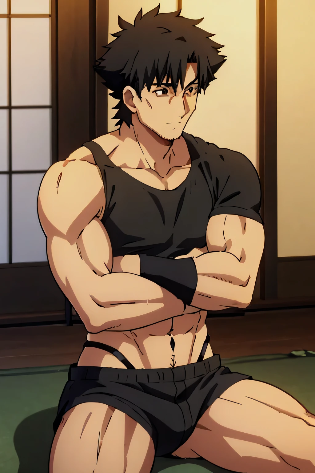 Kiritsugu is sitting and flexing his biceps and abs. He wears black short boxershorts. You can see his thighs. He is admiring his muscles. He has bulging veins on his arms. He wears a black tshirt with short sleeves. His right sleeve is completely rolled up so you can see his entire arm and shoulder. He is showing his abs too.