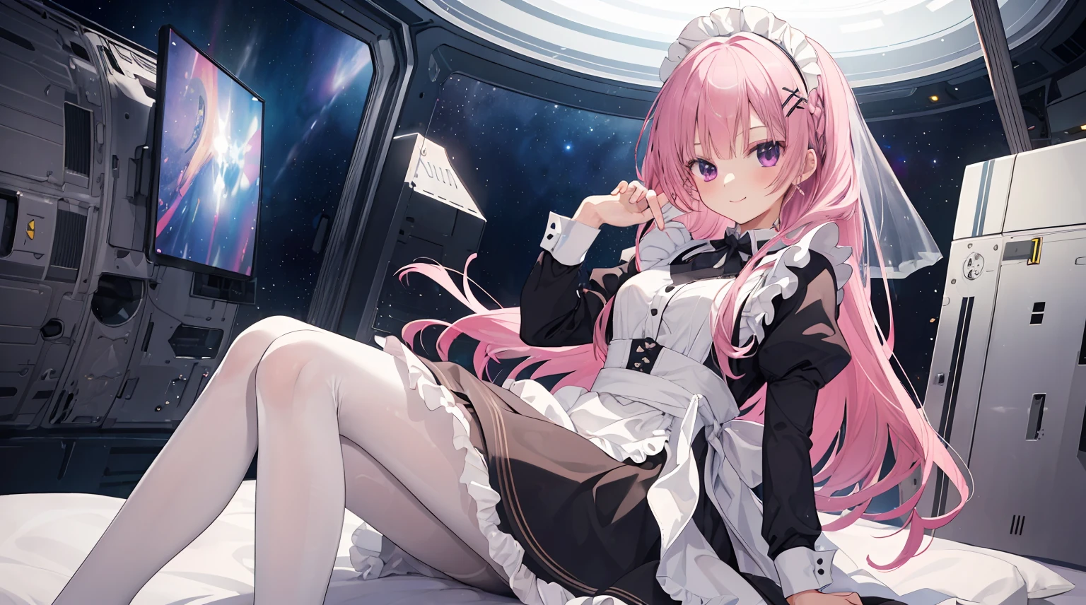 A girl，solo，Pink long hair，happy，Smile，Medium long hair，Dissemination，Maid costume, White pantyhose，Inside the spacecraft，on the bed，Glass Windows，Space background, Anime style 4k，mitsukasa ayase、Character-centered