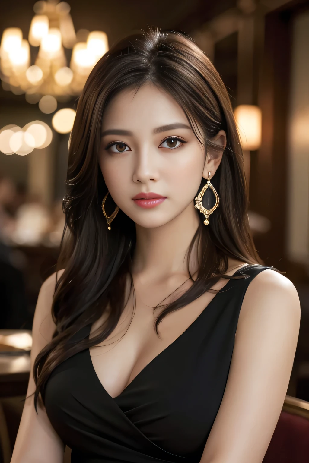 masterpiece, highest quality, Realistic, Very detailed, Finer details, High resolution, 8k wallpaper, One beautiful woman, Wear an elegant black see-through blouse, In a great restaurant, At night, Light brown messy hair, Perfect dynamic composition, Beautiful and beautiful eyes、Big earrings