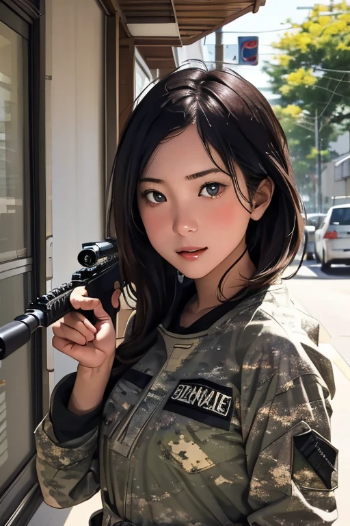 survival game、Camouflage、survival gameのフィールド、A beautiful girl is holding a rifle、head to waste、