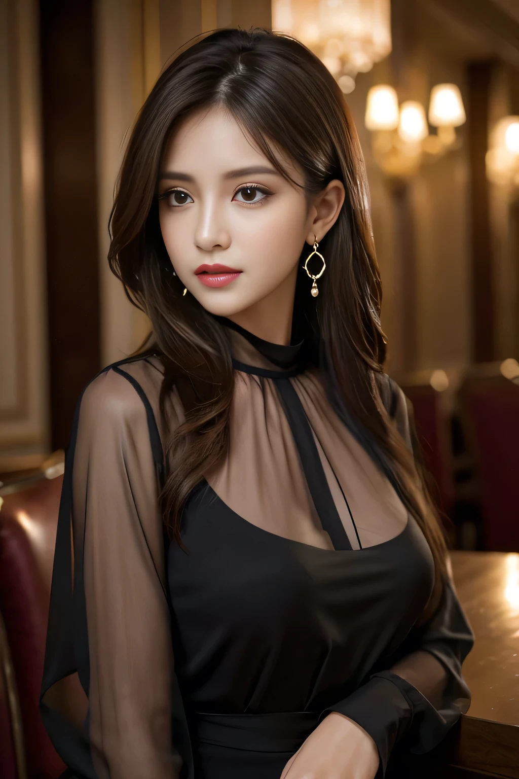 masterpiece, highest quality, Realistic, Very detailed, Finer details, High resolution, 8k wallpaper, One beautiful woman, Wear an elegant black see-through blouse, In a great restaurant, At night, Light brown messy hair, Perfect dynamic composition, Beautiful and beautiful eyes、Big earrings