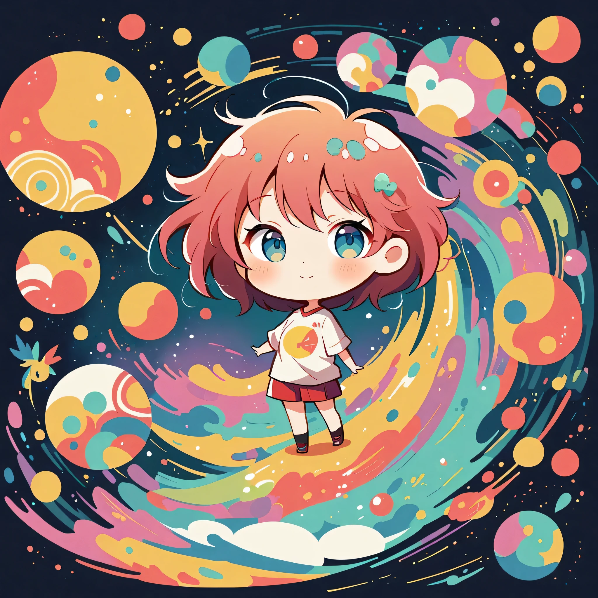 Watase Seizo style, Standing in front of a high wall,Simple Line Initialism,Abstract art,galactic universe Background, (((The most beautiful girl))), (((chibi))), happy