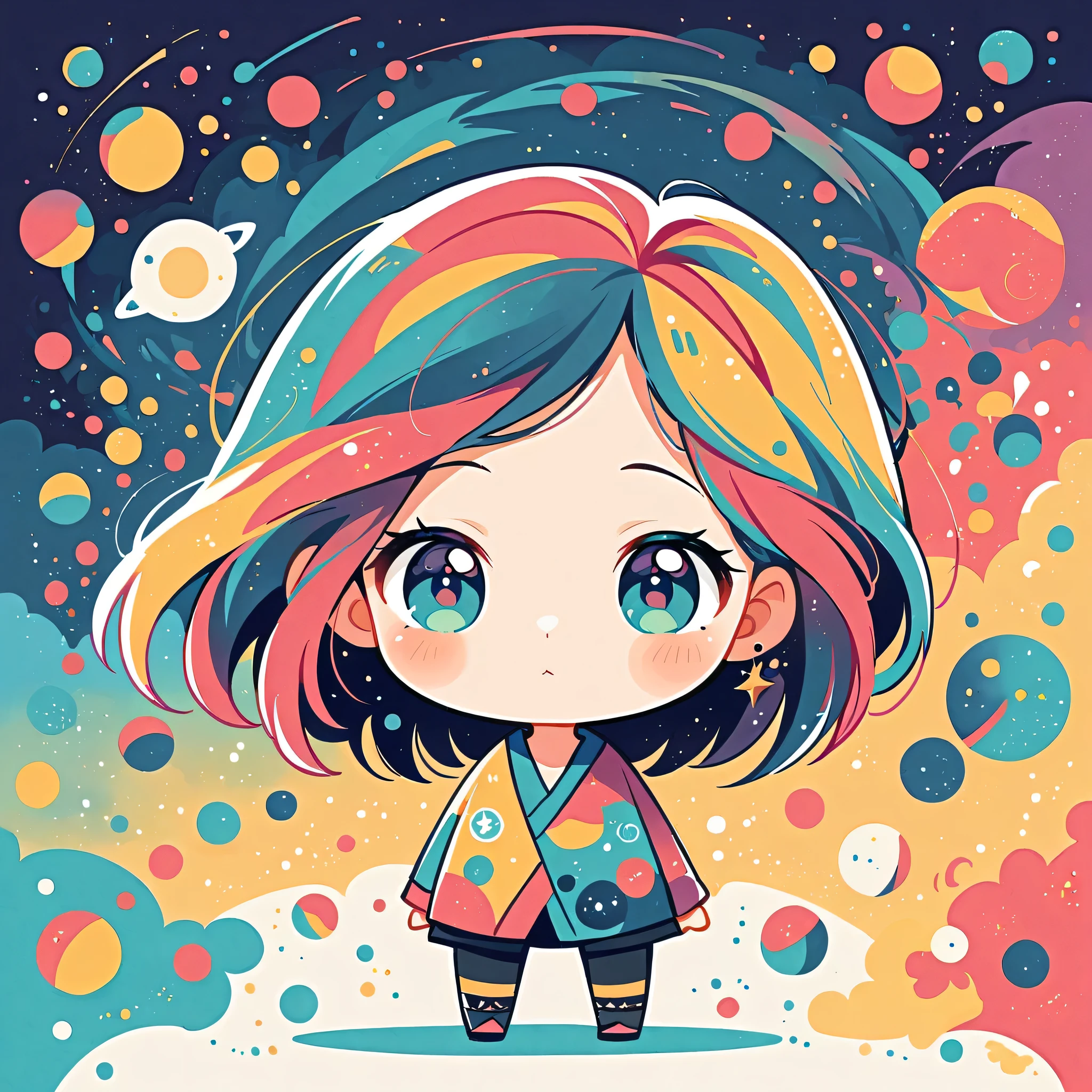 Watase Seizo style, Standing in front of a high wall，Simple Line Initialism，Abstract art，galactic universe Background, (((The most beautiful girl))), (((chibi))), happy