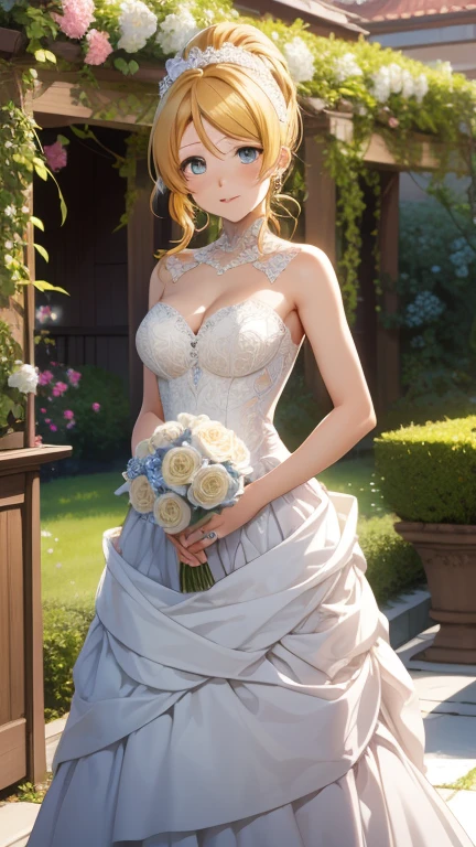 eliayase, eli ayase, yellow hair, blue eyes, ponytail, hair ribbon, masterpiece, best quality, high resolution, unity 8k wallpaper, illustration, beautiful detailed eyes, blush, glossy lips, lips parted, perfect lighting, extremely detailed CG, perfect anatomy, wedding dress, garden, (full body)