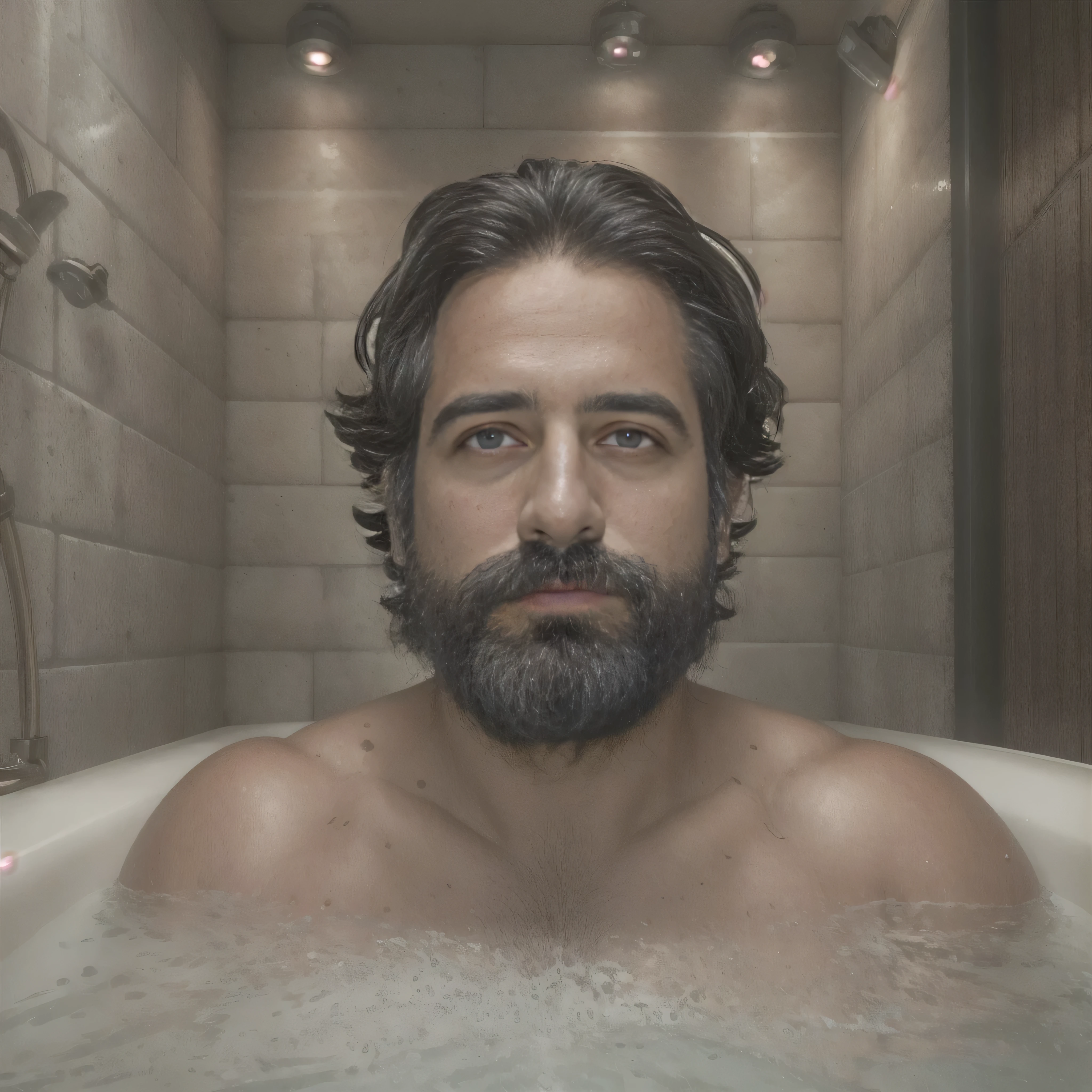 Ultra high resolution, mejor calidad, foto, 4k, (fotorealistic: 1.4), cinematic lighting, a beautiful 38 year old man bathing in a bathtub, barba, Brown eyes