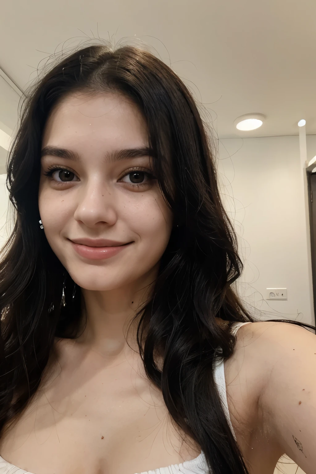 woman, Brazilian, 22 years old, round face, pale skin with pimples, very long black wavy hair, with a thin cut on her face, taking a selfie making a peace symbol and smiling