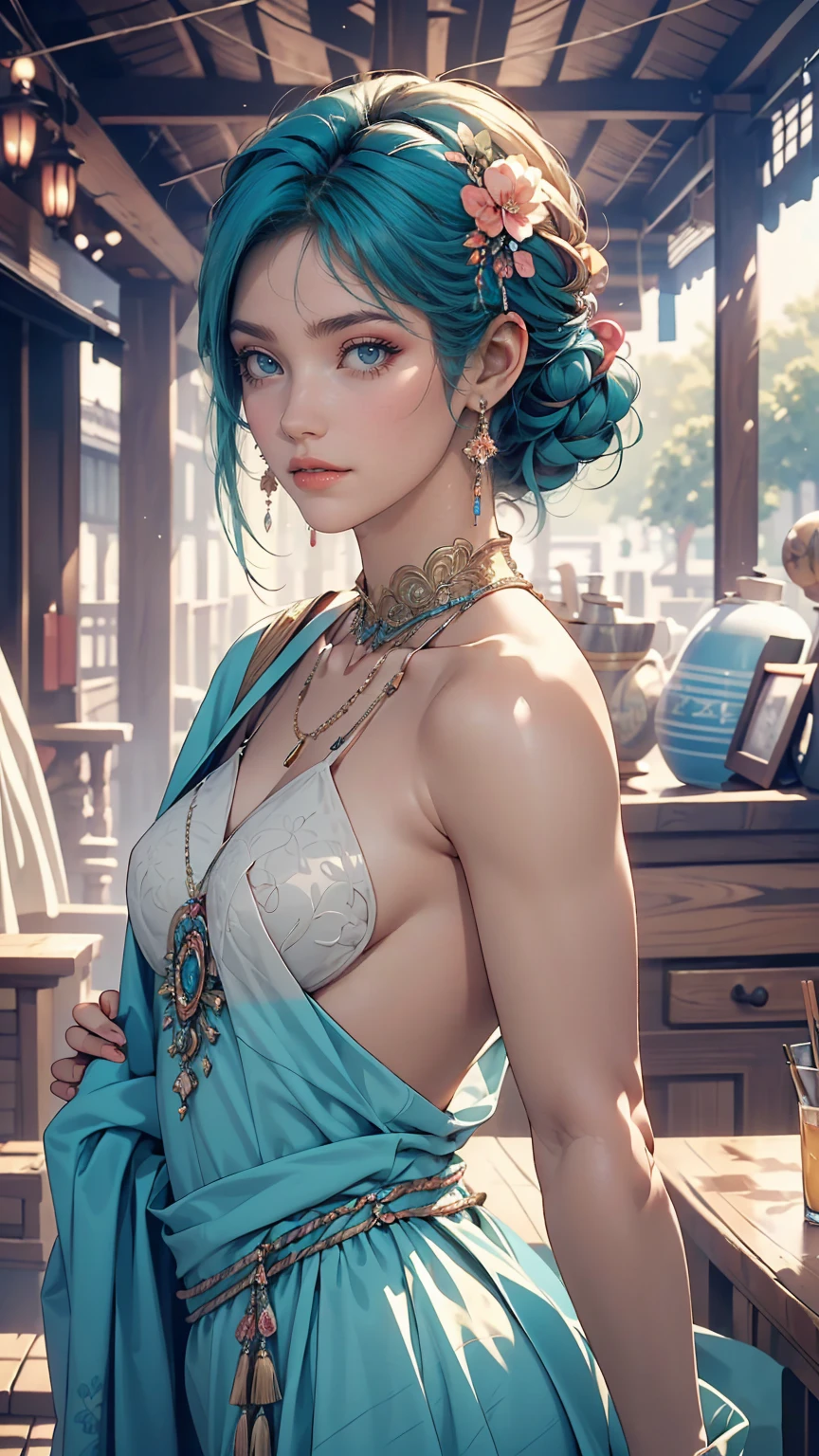 (masterpiece, highest quality, highest quality, Official Art, Beauty and aesthetics: 1.2), (One girl: 1.3), (Fractal Art: 1.3), Bright aqua blue eyes, Medium length hair with tassels, Nude midpart