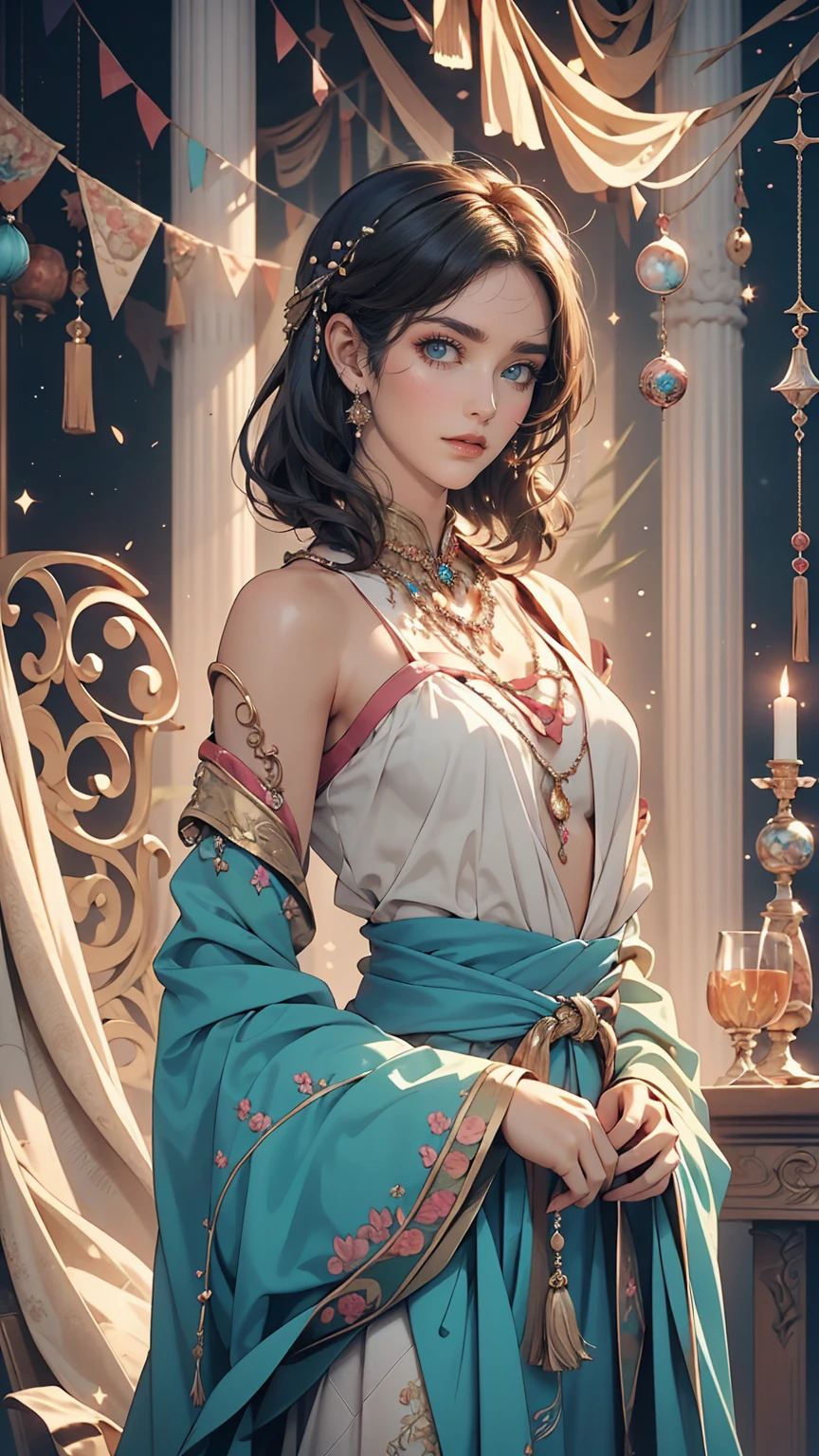 (masterpiece, highest quality, highest quality, Official Art, Beauty and aesthetics: 1.2), (One girl: 1.3), (Fractal Art: 1.3), Bright aqua blue eyes, Medium length hair with tassels, Nude midpart