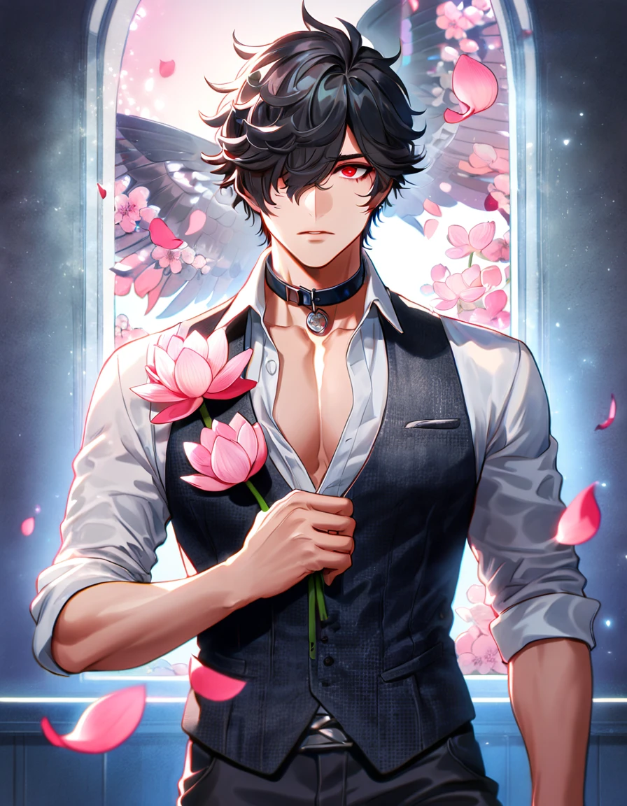(absurdres, highres, ultra detailed, HDR), masterpiece, best quality, Louis, somewhat untamed black hair, hair over the right eye, expressive red eyes, Code Vein, solo, sexy man, handsome, white shirt with rolled-up sleeves, with the collar unbuttoned; over this, he wears a vest that gradually fades from red to black, water, pink lotus, pink butterflies, pink petals, blossoms, fantasy, magical