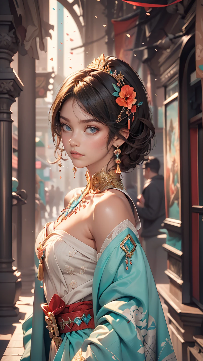 (masterpiece, highest quality, highest quality, Official Art, Beauty and aesthetics: 1.2), (One girl: 1.3), (Fractal Art: 1.3), Bright aqua blue eyes, Medium length hair with tassels, Nude midpart