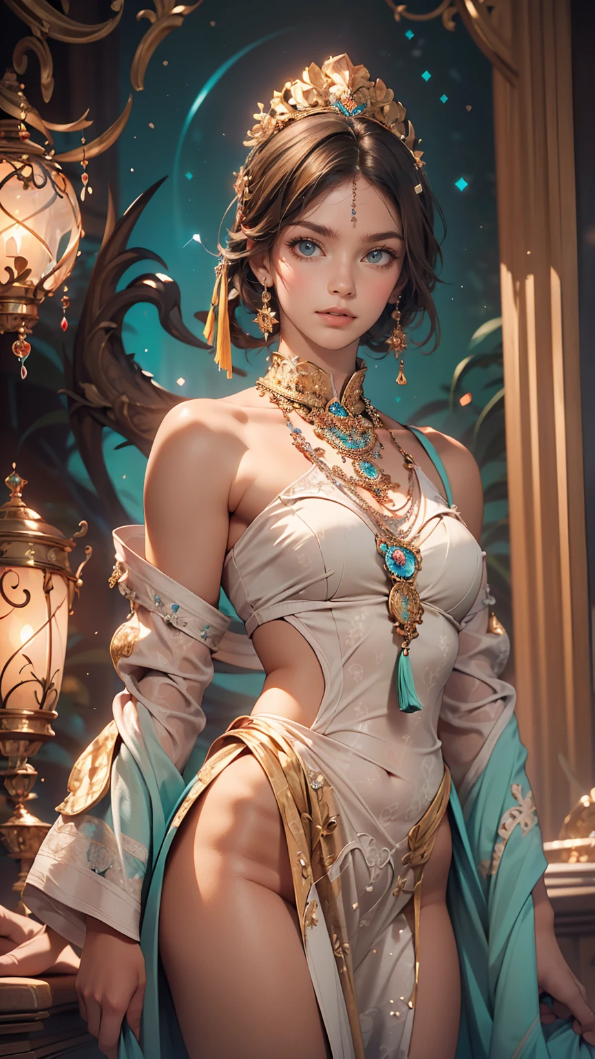 (masterpiece, highest quality, highest quality, Official Art, Beauty and aesthetics: 1.2), (One girl: 1.3), (Fractal Art: 1.3), Bright aqua blue eyes, Medium length hair with tassels, Nude midpart