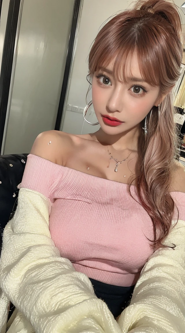 masterpiece, 8k, Award-winning photo, photoRealistic, Realistic, Very detailed, Ultra-high resolution, Japanese Idols少女,Mature Woman,Wavy hair with bangs,(Bright rouge lips)　, ///one person, The most beautiful, 20-year-old , (sexy, Japanese Idols), (Pink Hair:1.3),ponytail///Human details Shiny skin , Detailed skin , Beautifully detailed face , Beautiful details , ///  (double eyelid, Droopy eyes), (Brightly colored large breasts:1.2), Sunburn, ///((Crossing your legs)), ///(Bedroom:1.3), Blurred Background, /// jewelry,Earrings,necklace,(sexyな唇:1.5),(Sweaty body:1.5),plump,((Off-the-shoulder blouse)),,
///Finished ultra-Realistic textures, RAW Photos,Shine,(the body is wet .:1.6)