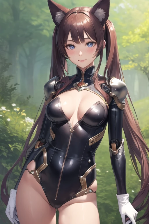 A highly detailed anime art style, a beautiful woman, ((solo standing)), ((perfect human body)), ((perfect face)), bottomless, animal ears, small pupils, (realistic face), bangs, blush, bodysuit, ((robotic parts)), breasts, impossible clothes, large breasts, long hair, long sleeves, looking at viewer, fantasy background, skin tight, smile, solo, twintails, upper body, very long hair, fantasy background, white gloves, [alice] \(nikke\), (masterpiece:1.4), (best quality:1.4), (shiny skin), 