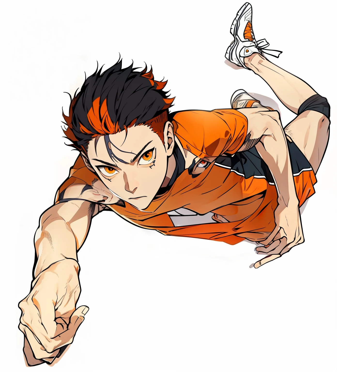 (Haikyuu), (((1 boy))), ((Tight)), male focus, masterpiece, high quality, (masterpiece:1.2), (better quality:1.2), glowing skin, realist, Brilliant, Complex, (((orange hair))), (short hair), orange eyes, sexy_face, alone, FH Orange Shirt, looking at the viewer, Pupils contracted, dynamic pose, (Shadows on the face:1.3), (whole body)