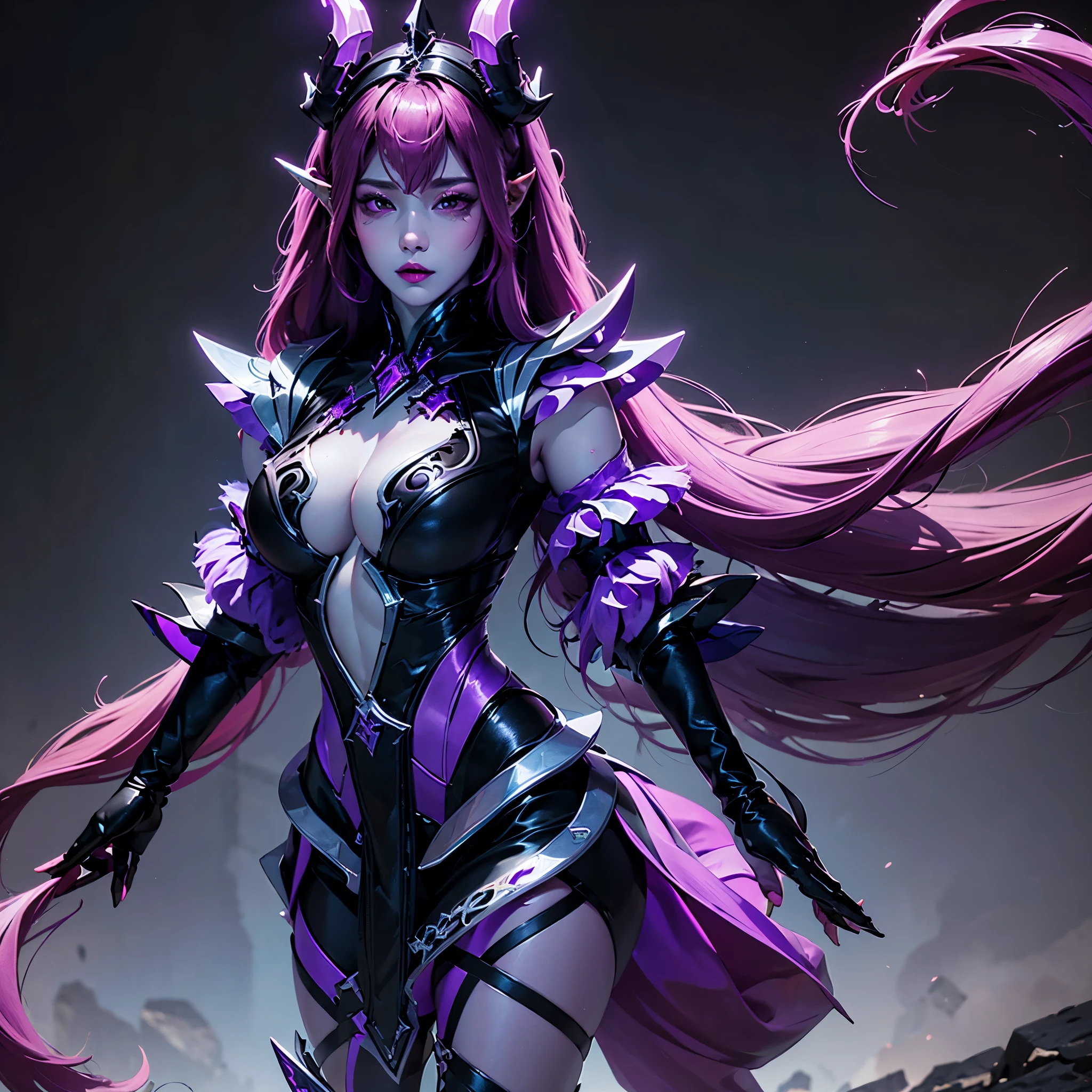 Describe the physical appearance of Selena, the character from Mobile Legends: Bang Bang, highlighting details such as her long purple hair, contrasting eyes emitting a dark aura, elegant black attire, and any distinctive features that contribute to her overall appearance,hot, big booobs 