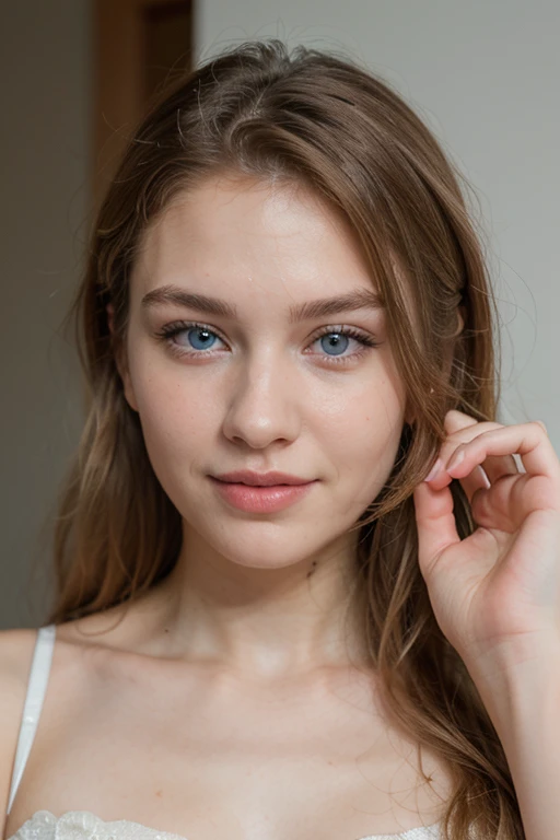 ((best quality)), ((masterpiece)), (detailed), perfect face, ultra-realistic face,woman 20 years old, Ukrainian, light blue eyes, super blonde long hair, high cheekbones, marked jaw, full lips, small turned up nose, small ears, white and aligned teeth, posing from the front, full body, perfect smile,