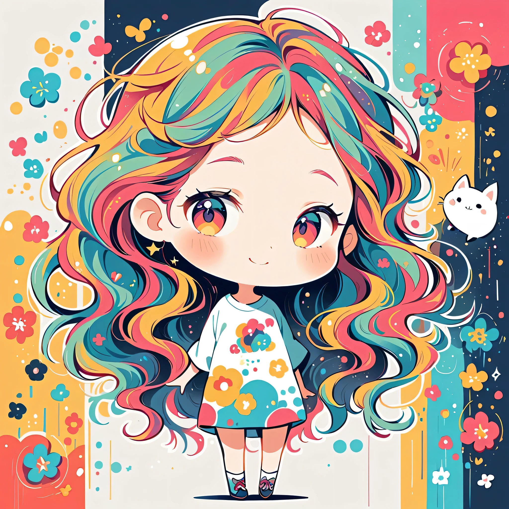 Takashi Murakami style, Standing in front of a high wall，Simple Line Initialism，Abstract art，Urban Background, (((The most beautiful girl))), (((chibi))), colorful flowers, smile