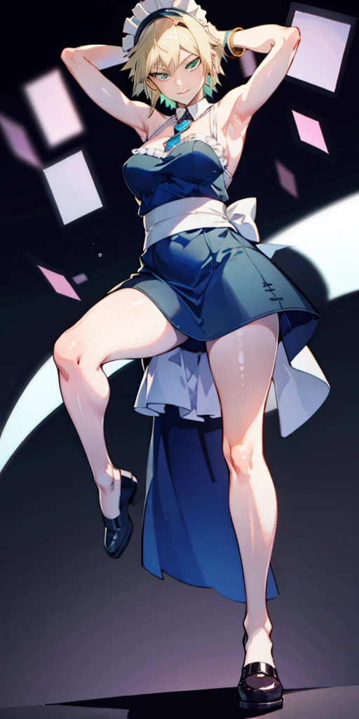 1girl, full body, short blonde hair, green eyes, blue maid dress, mitsuki bakugo from my hero academy