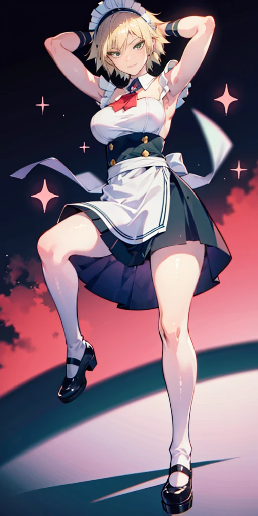 1girl, full body, short blonde hair, green eyes, blue maid dress, mitsuki bakugo from my hero academy