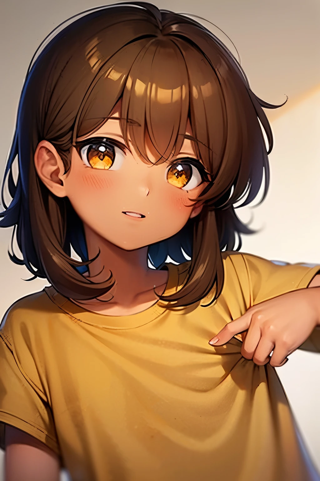 Brown boy. Medium hair. brown hair. Tan shirt with a yellow star on it