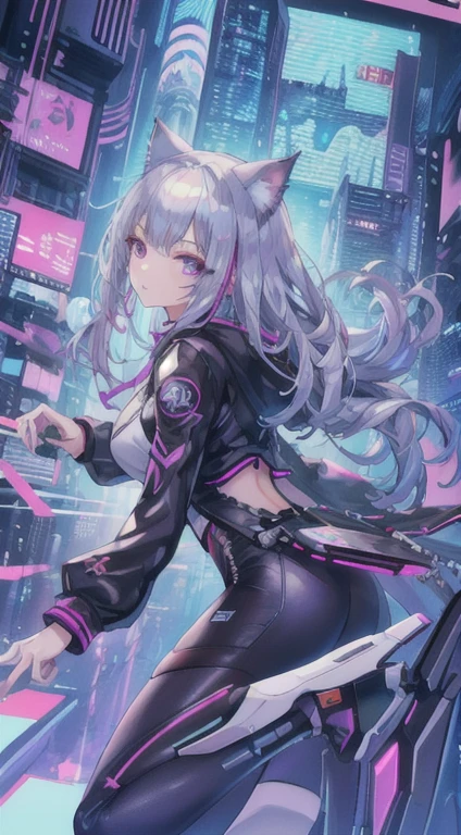 (Best quality, High resolution, Masterpiece :1.3), Cyberpunk background、Her hair color is platinum silver、Side parted long hair wavy、、Cat ear、stylish
