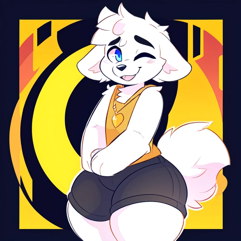 An white fox, (((white fur))) hairy male anthro, blue eyes, portrait, alone, (body fur:1.2), (best quality), dramatic lighting, (detailed fluffy fur: 1.1), Looking at the Viewer, Kilinah, by Coffeesoda, by hioshiru, by Kilinah)), (((full body))), (((cub))), (((young))), (((cute Child))), (((fluffy))), smiling with eyes closed, super happy, (((thick thighs))), wearing black shorts,
