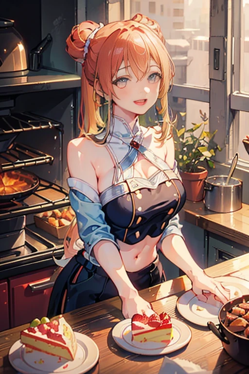 (dynamic angle:1.3, front view:1.1, breast focus:1.3, from above:1.1), (dynamic posing:1.2, sexy posing:1.2), (seductive smiling:1.3), ((looking at cake,Taking a cake out of the golden oven, worried about the outcome:1.2)),highest quality、(real、photorealistic:1.4),(ultra high resolution, 8K RAW photo, clear focus), best qualtiy, natural lighting, field depth, (Bright pupils, detailed beautiful eyes, high detailed face), Red lip, (tight focus:1.2), a girl 22yo old, Wearing a pastry chef uniform:1.3 , Thicc, thin breast, long hair, blue eyes,garter stocking, cleavage:1.2, midriff, black shorts, black thighhighs, thigh strap, pretty girl, (highly detailed beautiful face and eyes,firm breasts),real skin,((black,hair,long pony tail hair)),thin pubic hair,cute,lovely, detailed eyes,(double breasted:1.0,under bust:1.0),(with sparkling eyes and a contagious smile),open mouth, Looking at Viewer,A scene of cooking in the kitchen,looking at the golden oven
