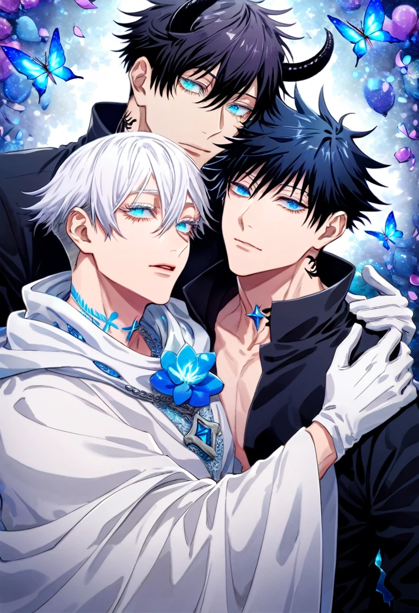 Ultra detailed, HDR, Highres, absurdres, master piece, Gojo Satoru, white hair with bangs, expressive blue eyes, white eyelashes, hair between the eyes, Fushiguro Megumi, black hair, expressive blue eyes, Jujutsu Kaisen, blue glittering butterflies, petals, fantasy, blue flowers, two sexy man together, gay couple, yaoi, extremely detailed face and eyes, handsome, glittering, bare chest, white cape, white demon clothes, tattoo on his neck, blue gemstone background, blue flames, cross, white gloves, radiant, black demon horns, love, black pants,