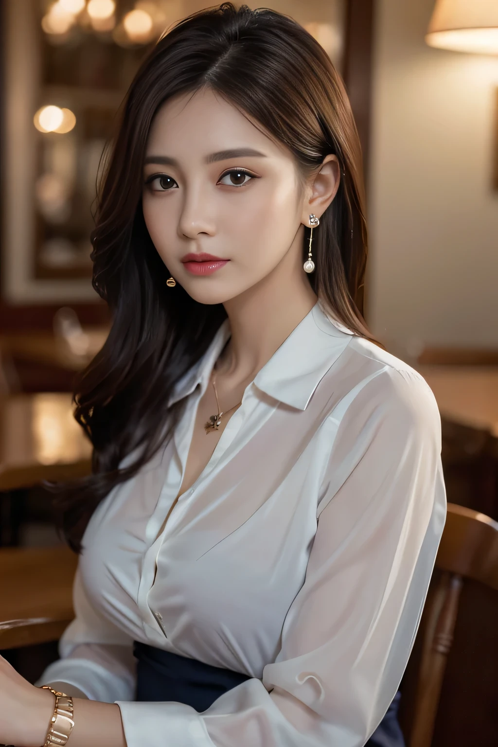 masterpiece, highest quality, Realistic, Very detailed, Finer details, High resolution, 8k wallpaper, One beautiful woman, Wear a navy blue see-through shirt, In a great restaurant, At night, Light brown unkempt hair, Perfect dynamic composition, Beautiful and beautiful eyes、Big earrings、pendant、bracelet