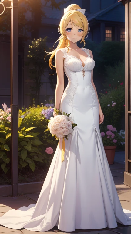 eliayase, Eli Ayase, yellow hair, blue eyes, ponytail, hair ribbon, masterpiece, best quality, high resolution, unity 8k wallpaper, illustration, beautiful detailed eyes, blush, glossy lips, lips parted, perfect lighting, extremely detailed CG, perfect anatomy, wedding dress, garden, (full body)