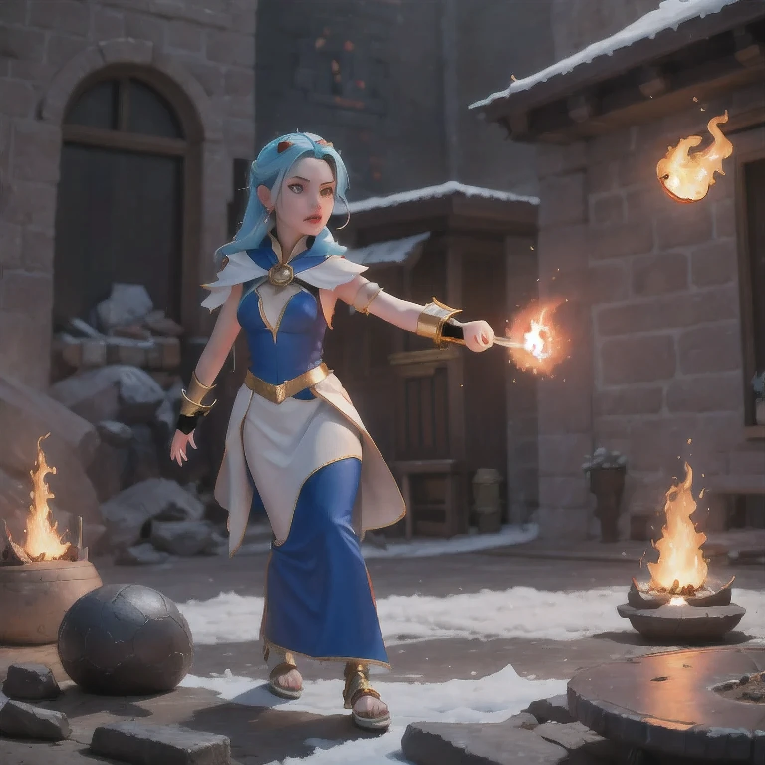 there is a girl with blue hair and a white dress holding a fire, ice sorceress, the sorceress casting a fireball, fantasy character photo, casting fire spell, (octane render) fantasy style, ice and fire, a sorceress casting a ice ball, realistic fantasy render, she has fire powers, ice mage, fantasy photoshoot , arafed(((Perfect college student))