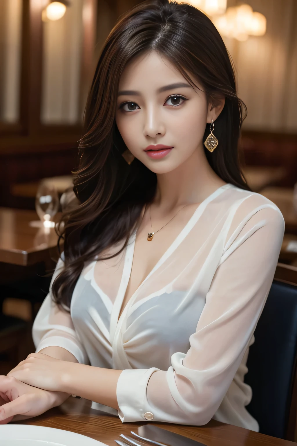 masterpiece, highest quality, Realistic, Very detailed, Finer details, High resolution, 8k wallpaper, One beautiful woman, Wear a navy blue see-through shirt, In a great restaurant, At night, Light brown unkempt hair, Perfect dynamic composition, Beautiful and beautiful eyes、Big earrings、pendant、bracelet