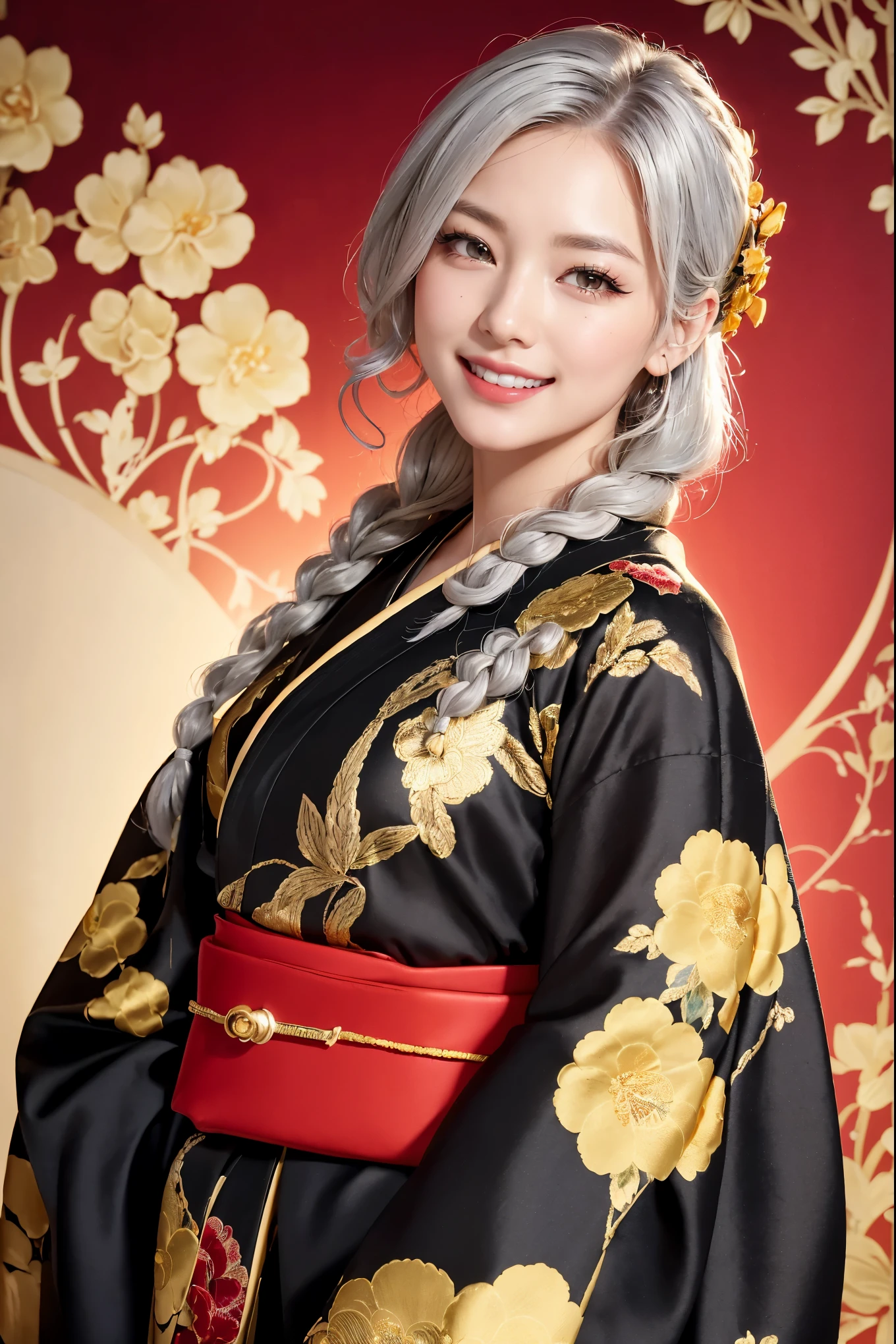 Realistic, masterpiece, highest quality, Highest Resolution, (1girl:1.3), 20-year-old, Sharp Eyes, Grinning smile, Slightly to the side, Definitely watching the audience, (Beautiful fine details, Iris, (Hidden eyelid wrinkles:1.2), Thin eyebrows, Draw eyelashes carefully, Natural Makeup, Mid-length hair, Silver Hair, Gathered braids, Detailed face), (Gold thread floral design, Black long-sleeved kimono, Red bag obi:1.3),(Figure from the waist up:1.2), Portraiture, (Primary color floral background:1.3)