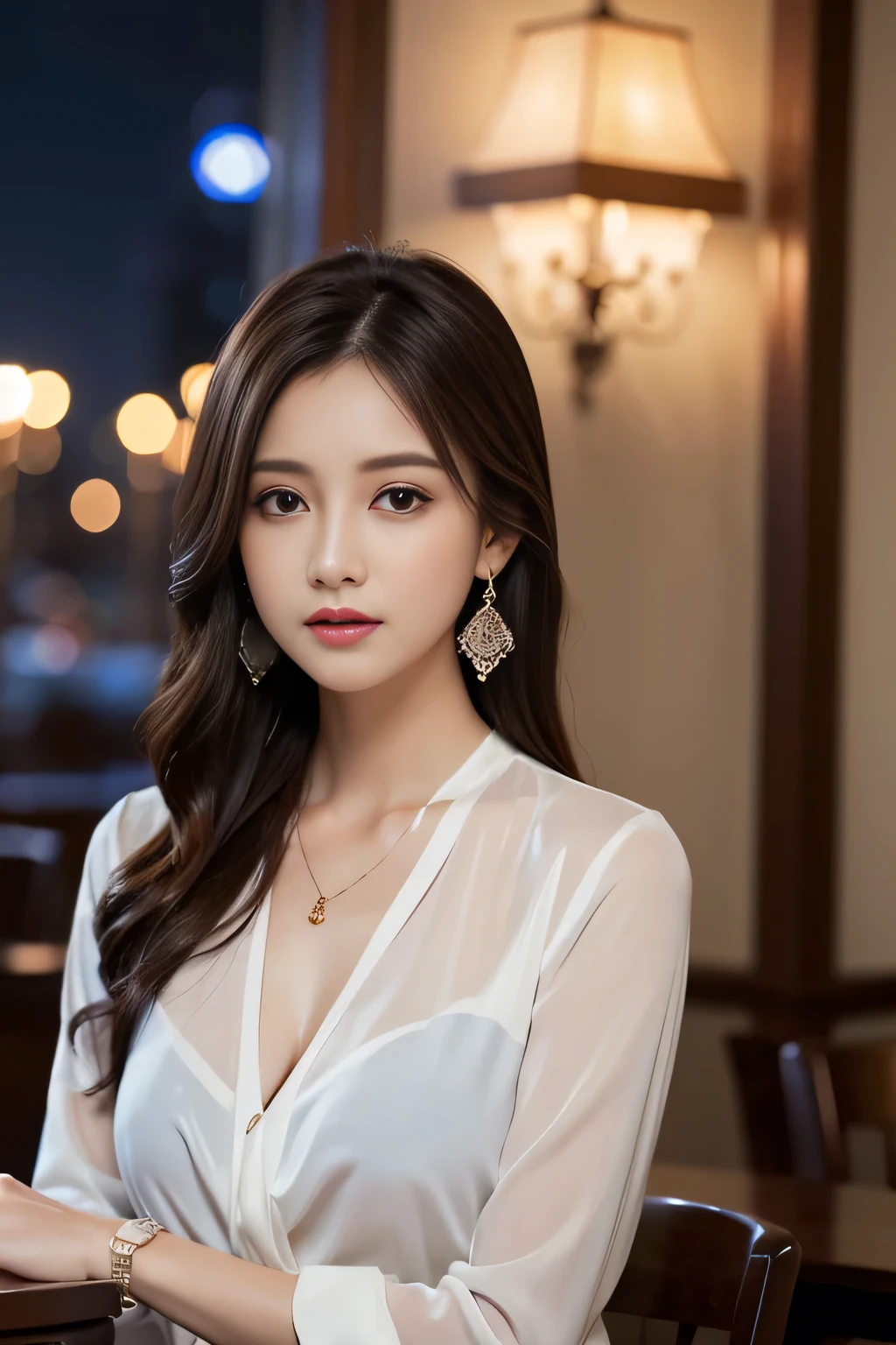 masterpiece, highest quality, Realistic, Very detailed, Finer details, High resolution, 8k wallpaper, One beautiful woman, Wear a navy blue see-through shirt, In a great restaurant, At night, Light brown unkempt hair, Perfect dynamic composition, Beautiful and beautiful eyes、Big earrings、pendant、bracelet