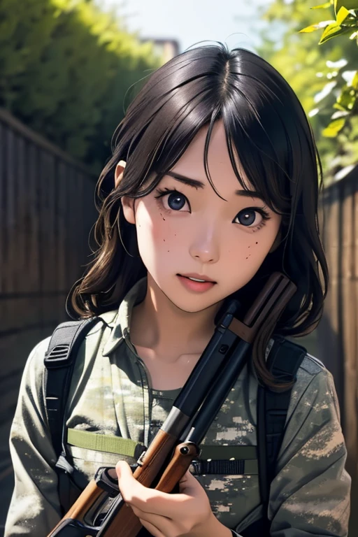 survival game、Camouflage、survival gameのフィールド、A beautiful girl is holding a rifle、head to waste、
