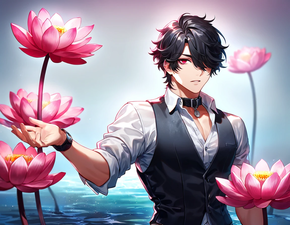 (absurdres, highres, ultra detailed, HDR), masterpiece, best quality, Louis, somewhat untamed black hair, hair over the right eye, expressive red eyes, Code Vein, solo, sexy man, handsome, white shirt with rolled-up sleeves, with the collar unbuttoned; over this, he wears a vest that gradually fades from red to black, water, pink lotus, pink butterflies, pink petals, blossoms, fantasy, magical