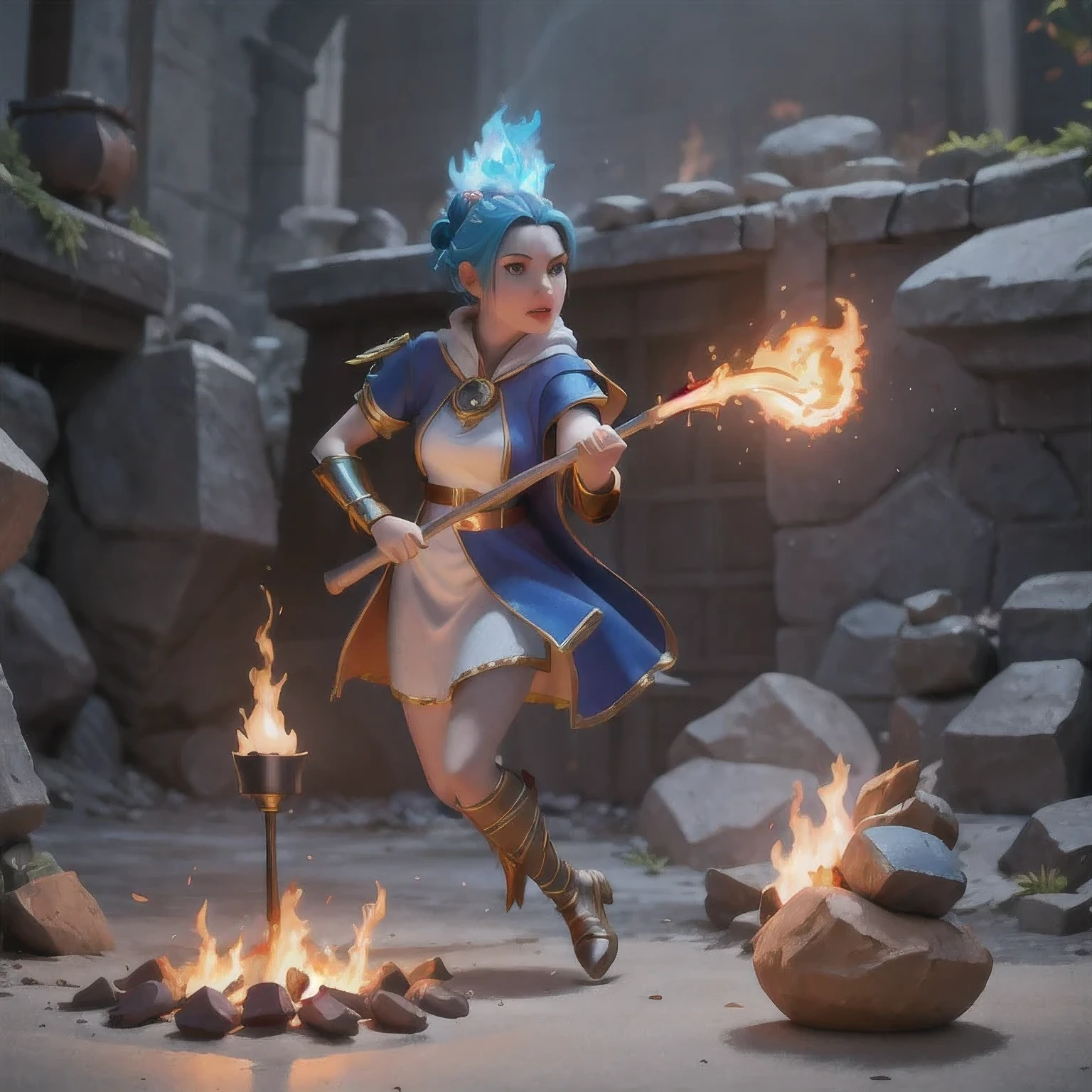 there is a girl with blue hair and a white dress holding a fire, ice sorceress, the sorceress casting a fireball, fantasy character photo, casting fire spell, (octane render) fantasy style, ice and fire, a sorceress casting a ice ball, realistic fantasy render, she has fire powers, ice mage, fantasy photoshoot , arafed(((Perfect college student))