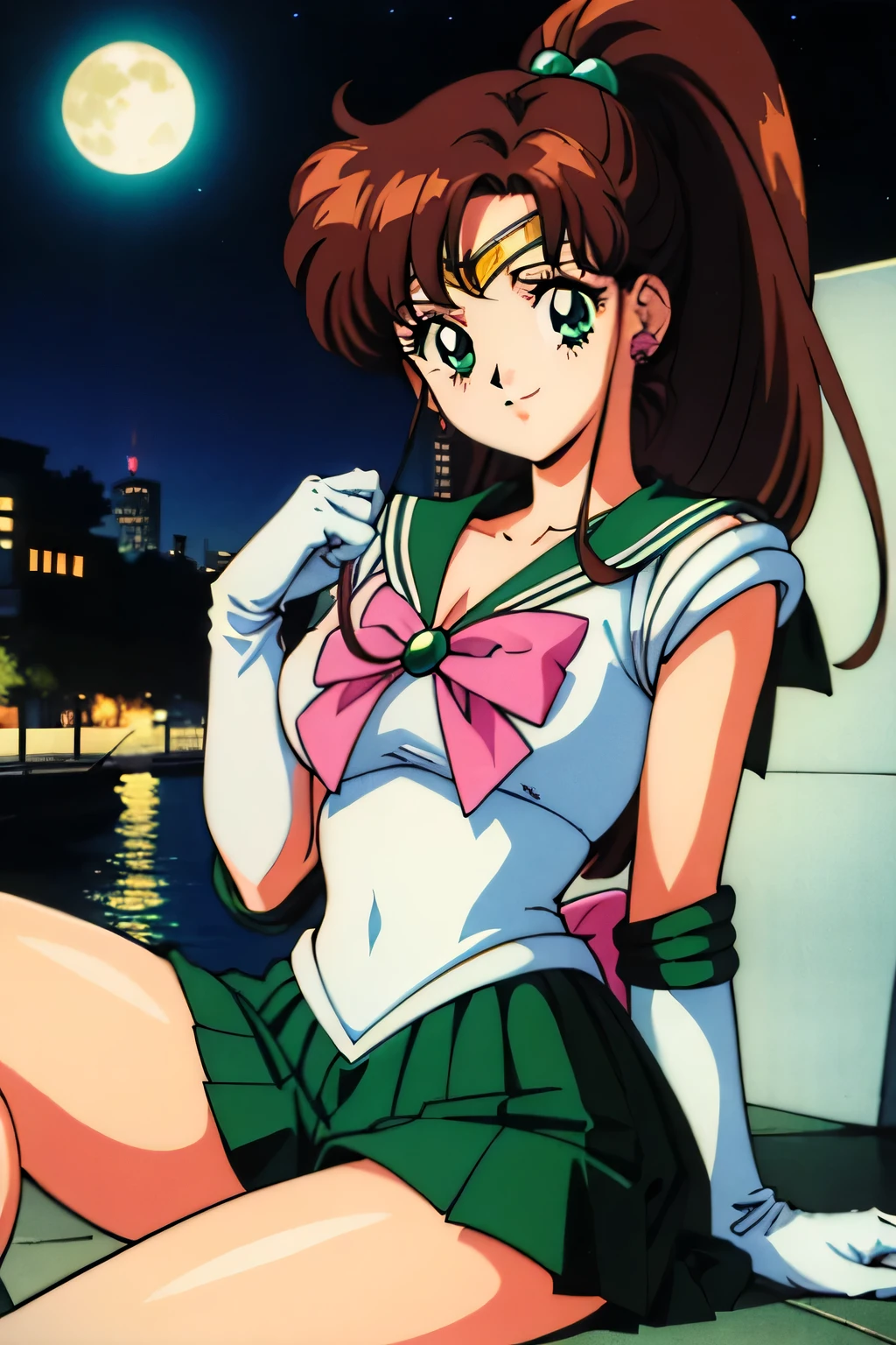 nsfw, mejor calidad, high resolution, 1990s \(estilo\), retro artestilo, 1990s anime cels estilo, noche, sailor Jupiter, session, uniforme marinero senshi, pechos medianos, color verde marinero, guantes blancos, falda plisada verde, cinta rosa, cola de caballo, (vestido:1.3), joyas, arete