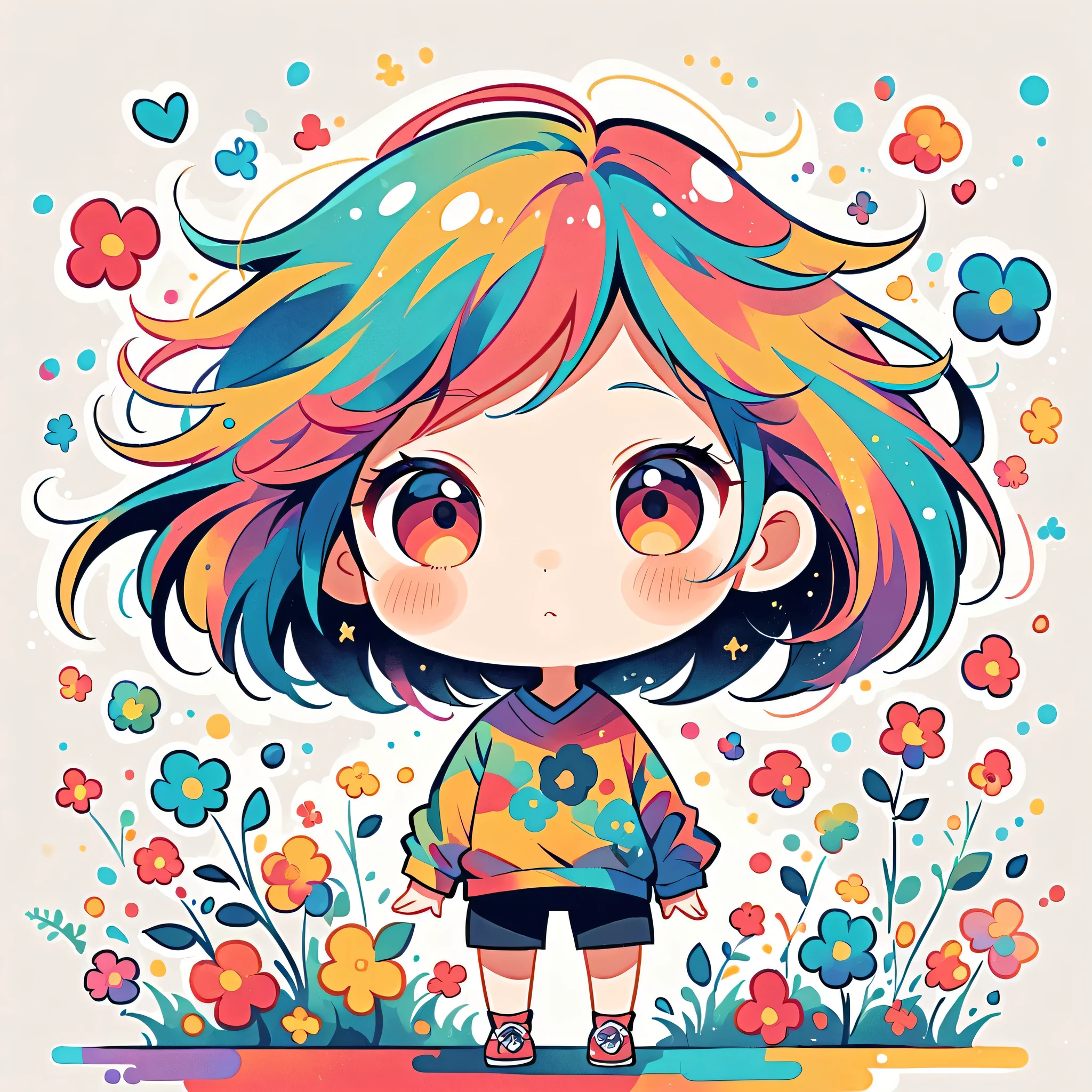 Watase Seizo style, Standing in front of a high wall，Simple Line Initialism，Abstract art，Urban Background, (((The most beautiful girl))), (((chibi))), colorful flowers
