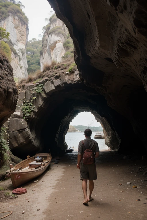 I would like to recreate a scene from a book in which the protagonist, a man, arrives on an island by boat and on that island there is a cave. Na frente da caverna tem 3 macacos