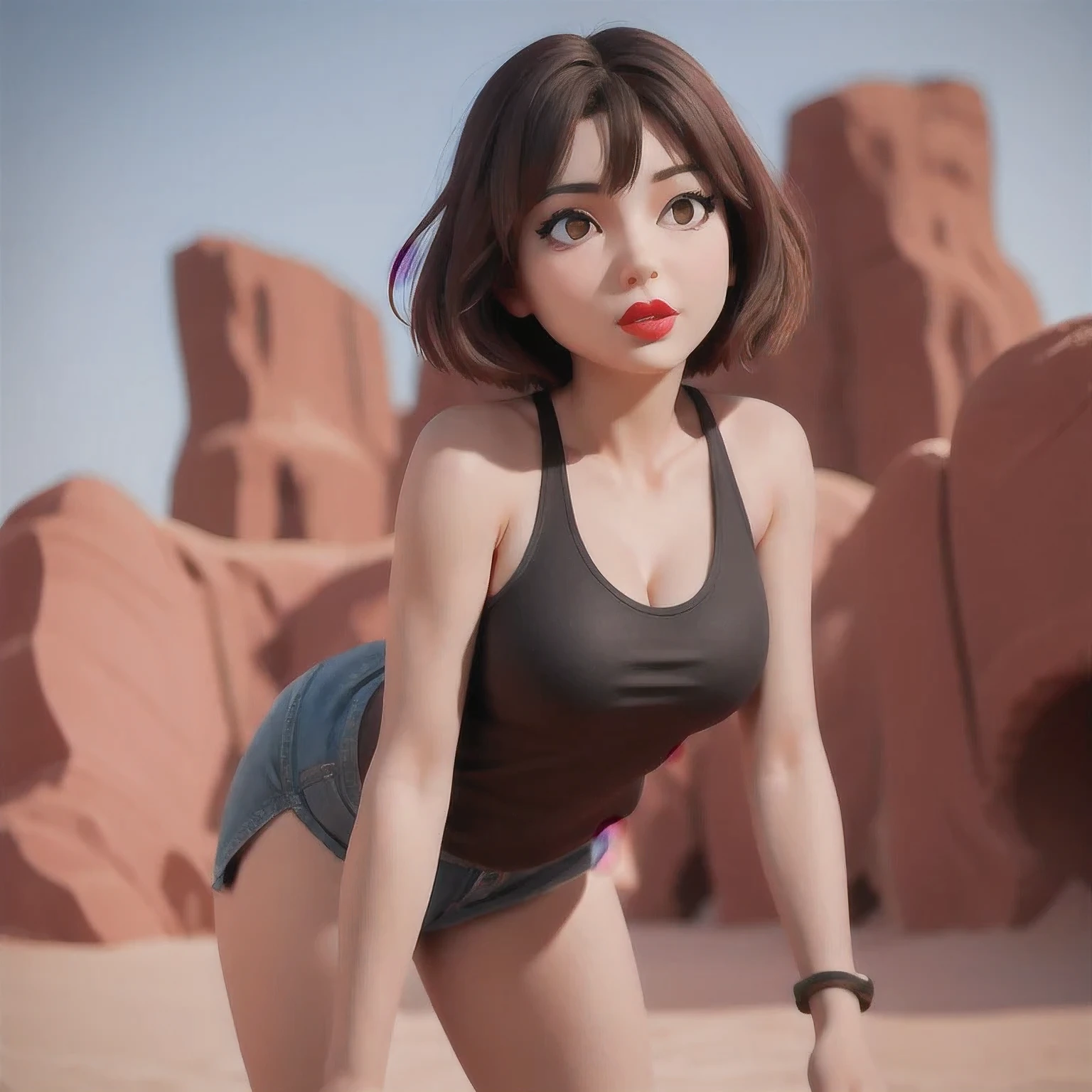 （（（1 Girl）））1 Girl
3d
bare shoulders
black eyes
black hair
blurry
blurry background
breasts
brown eyes
depth of field
leaning forward
lips
lipstick
looking at viewer
makeup
nose
outdoors
realistic
red lips
short hair
shorts
solo
tank top，(Desert Abyss)
