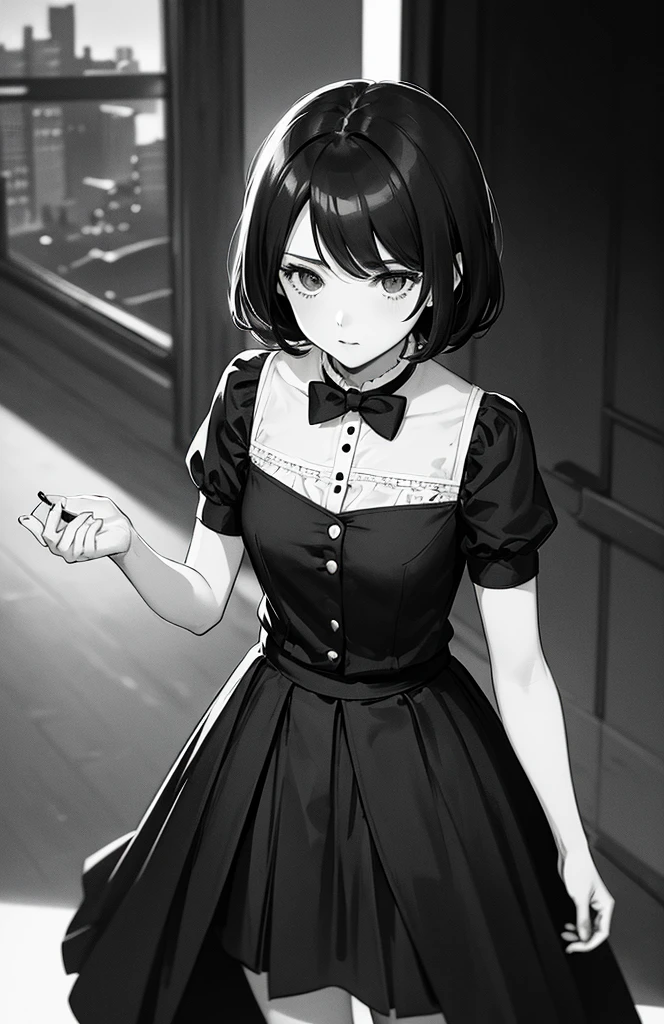 (Noir comic style illustration:1.2),(Black and White_High Contrast),One Girl,Line art,Monochrome,sketch,Pencil drawing,Traditional Media,One Girl,skirt,Short sleeve、Are standing, (Cute Teenage Girls, alone),Beautiful portrait、Delicate body、Respect、sketchブック、Black Hair,Beautiful Landscape,sketch,