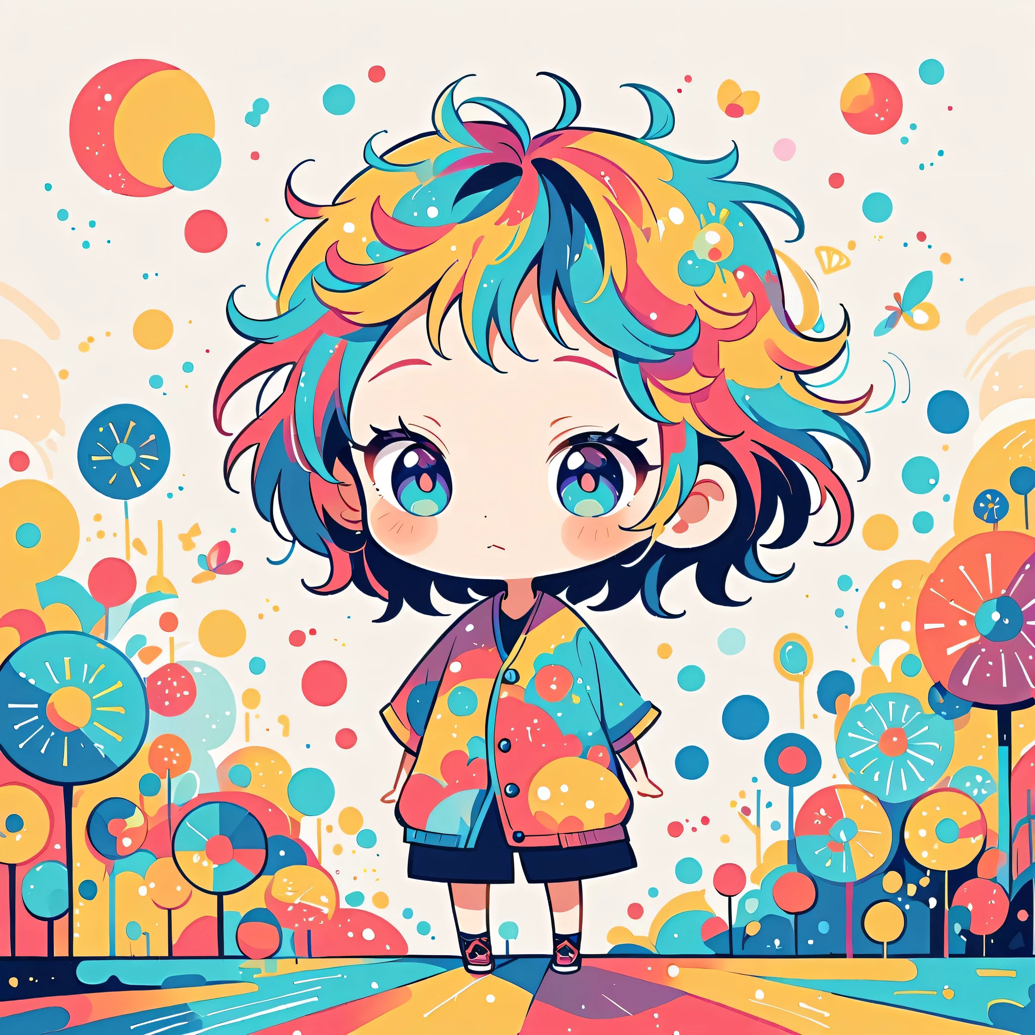 Watase Seizo style, Standing in front of a high wall，Simple Line Initialism，Abstract art，Urban Background, (((The most beautiful girl))), (((chibi))), colorful flowers