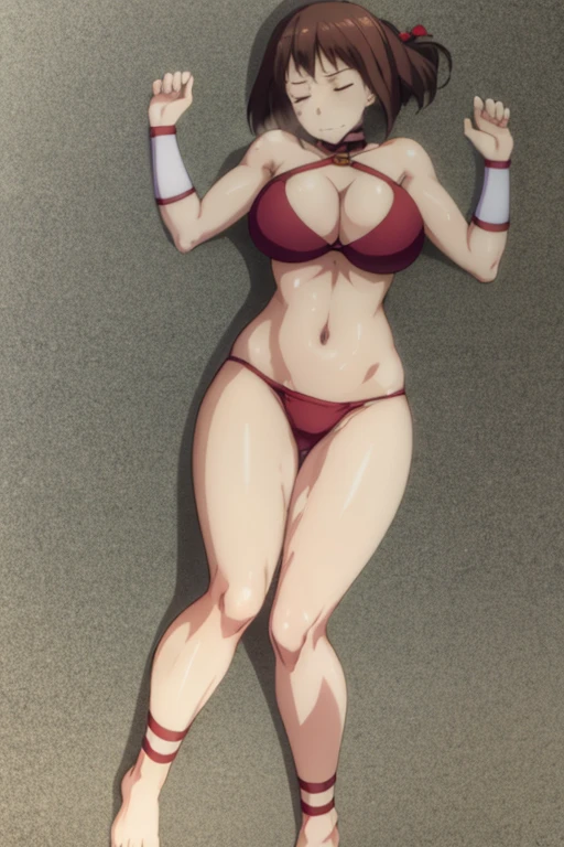 masterpiece, high resolution, best quality, beautiful art, rendered art, well formed hands, body and fingers, 1 woman, solo, Megumin konosuba, adult, grown up,mature woman, big breasted, cleavage, wearing a Tyris Flare outfit, sexy and skimpy bikini, alluring body, full body, gorgeous legs, hips and thighs, ryona, in peril, defeated,knocked out, unconscious, closed eyes, laying down on the sand, passed out, exhausted, breathing heavily, sweating, sexy defeated pose, extended exposed full body, bouncing breasts, sexy smirk on her face, defeat and KO scene, martial arts tournament on beach background