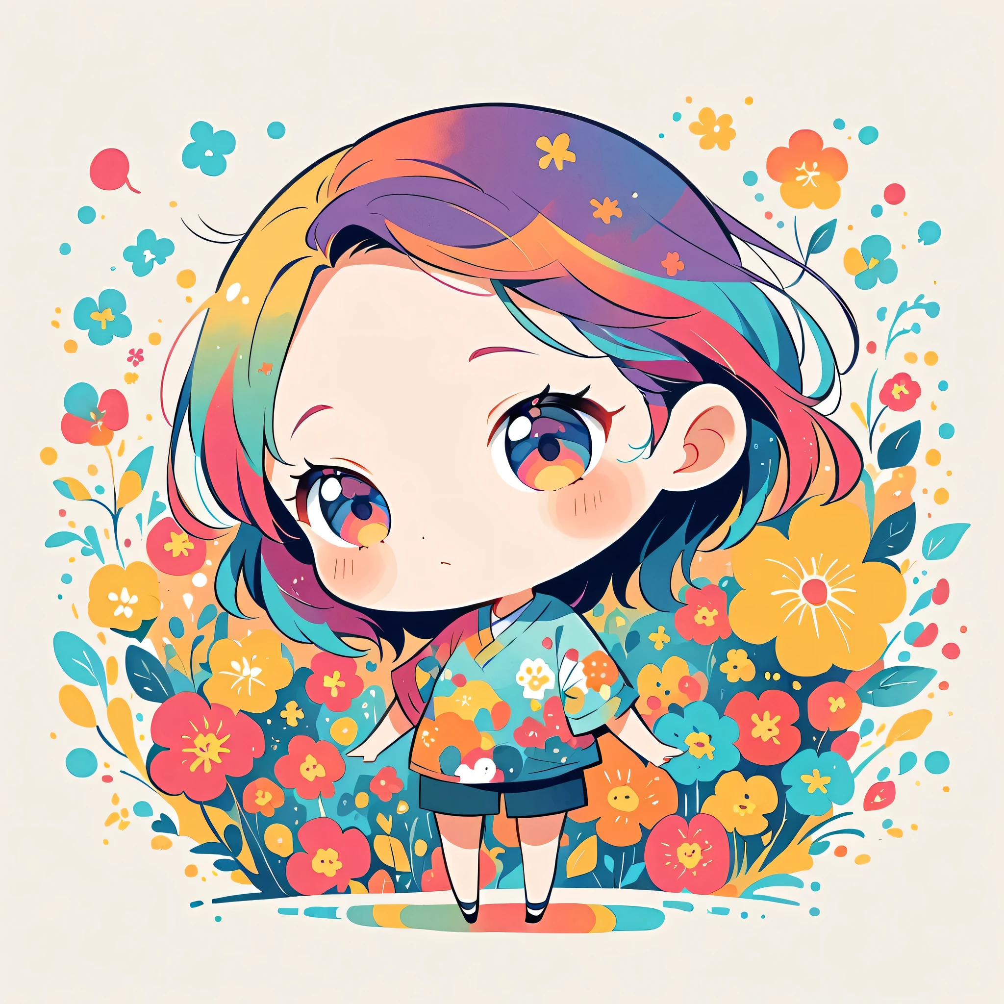 Watase Seizo style, Standing in front of a high wall,Simple Line Initialism,Abstract art,Urban Background, (((The most beautiful girl))), (((chibi))), colorful flowers